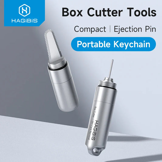 Two box cutter tools with 'HAGIBIS' branding on a gray background