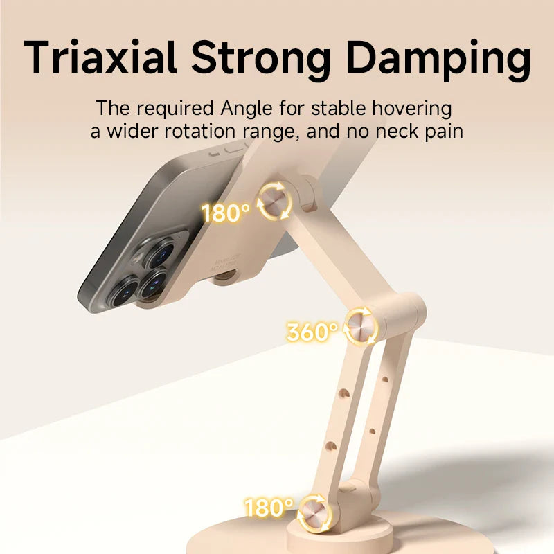 Phone holder with adjustable arm on a beige background, featuring text about triaxial strong damping.