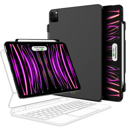 A white magnetic case for iPad with pencil holder, displayed in different angles to show the design and functionality.