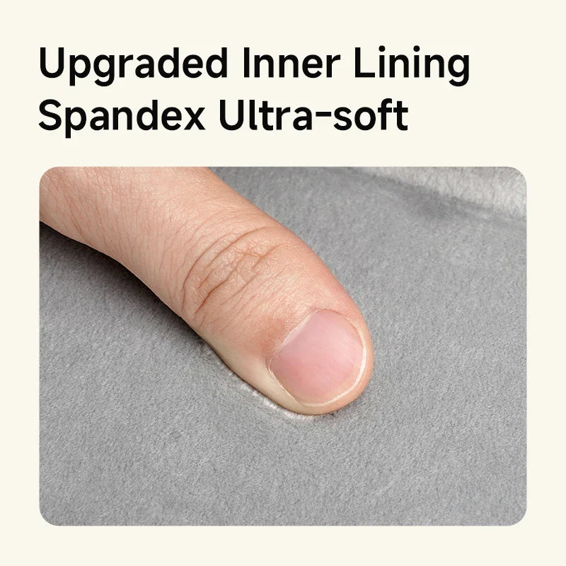 Text 'Upgraded Inner Lining Spandex Ultra-soft' with a finger touching gray fabric.