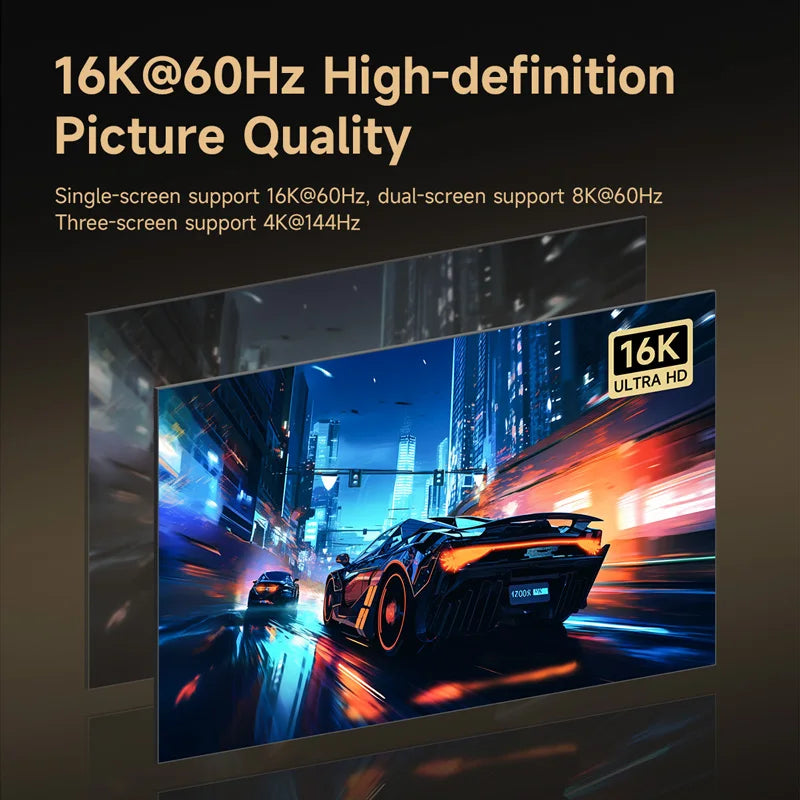 Display of a high-definition picture quality with a car racing scene on a screen.