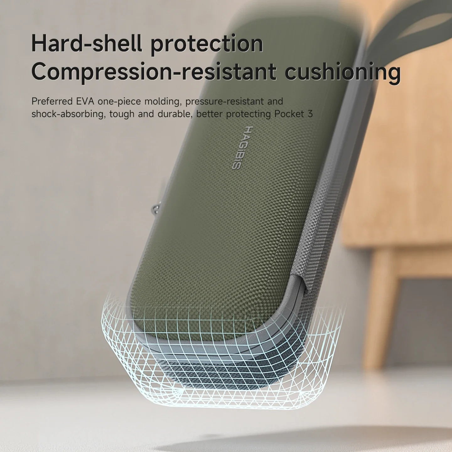 Green phone case with hard-shell protection and compression-resistant cushioning on a neutral background