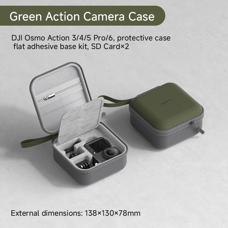 Green action camera case with DJI Osmo Action camera inside on a light gray background