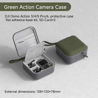 Green action camera case with DJI Osmo Action camera inside on a light gray background
