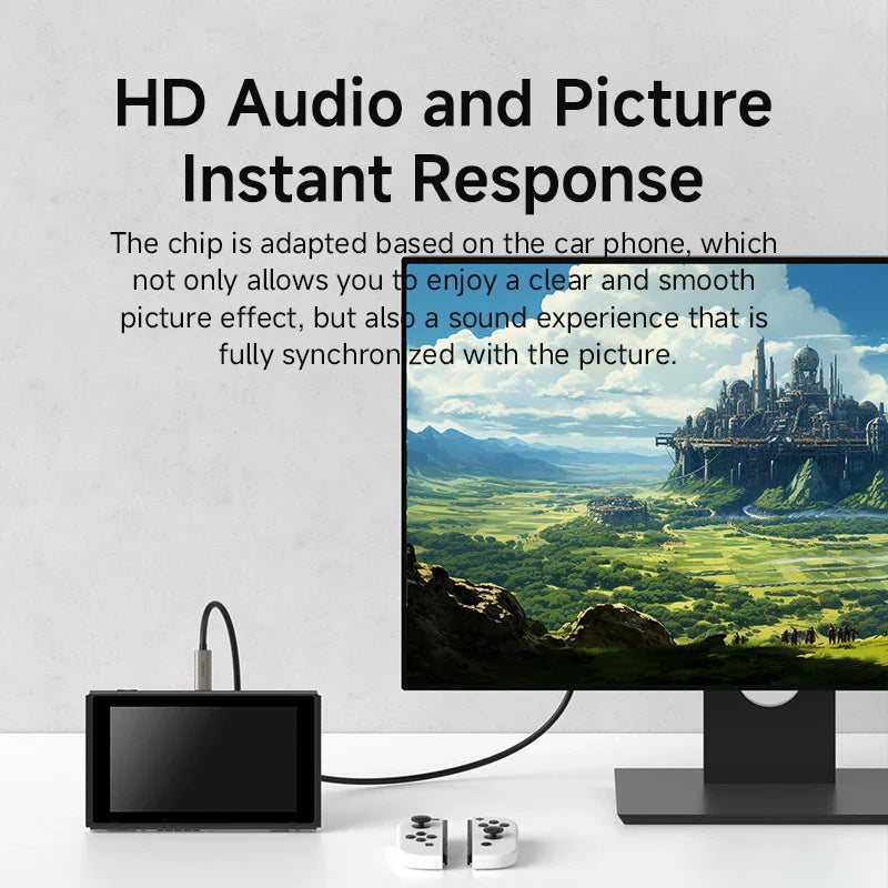Monitor displaying a scenic landscape with text about HD audio and picture response.