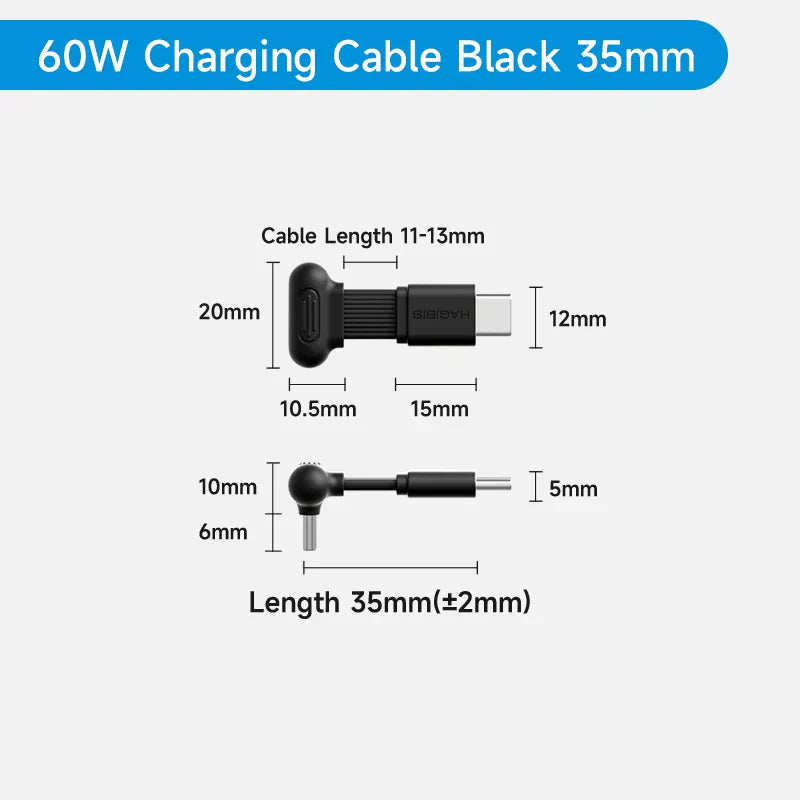 60W charging cable black 35mm with measurements on a white background