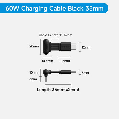 60W charging cable black 35mm with measurements on a white background