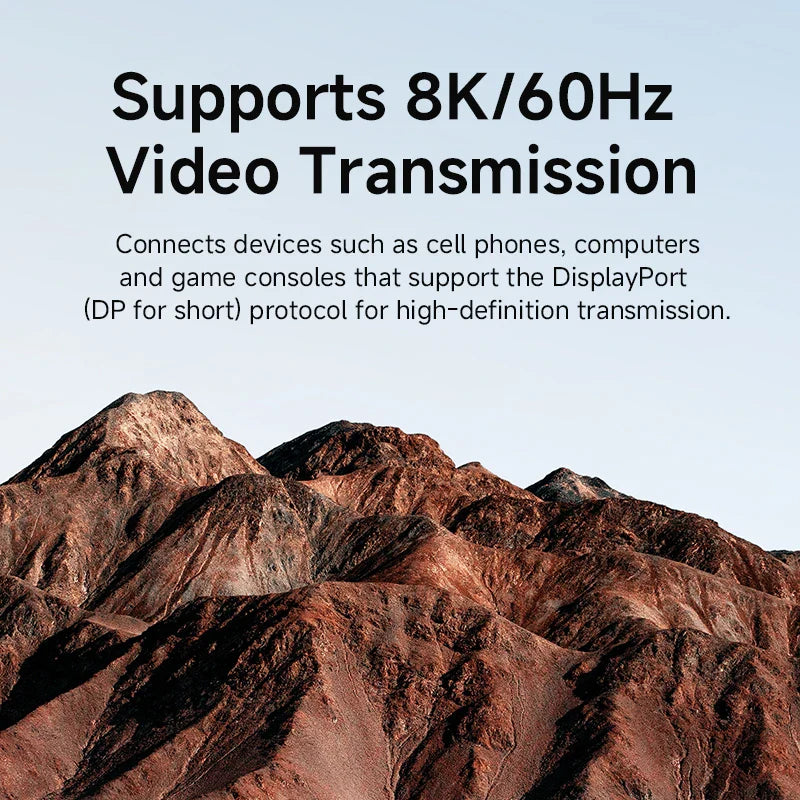 Text about 8K/60Hz video transmission over a mountainous landscape background