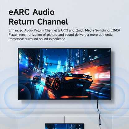 Television screen displaying a car in a cityscape with text about eARC Audio Return Channel.