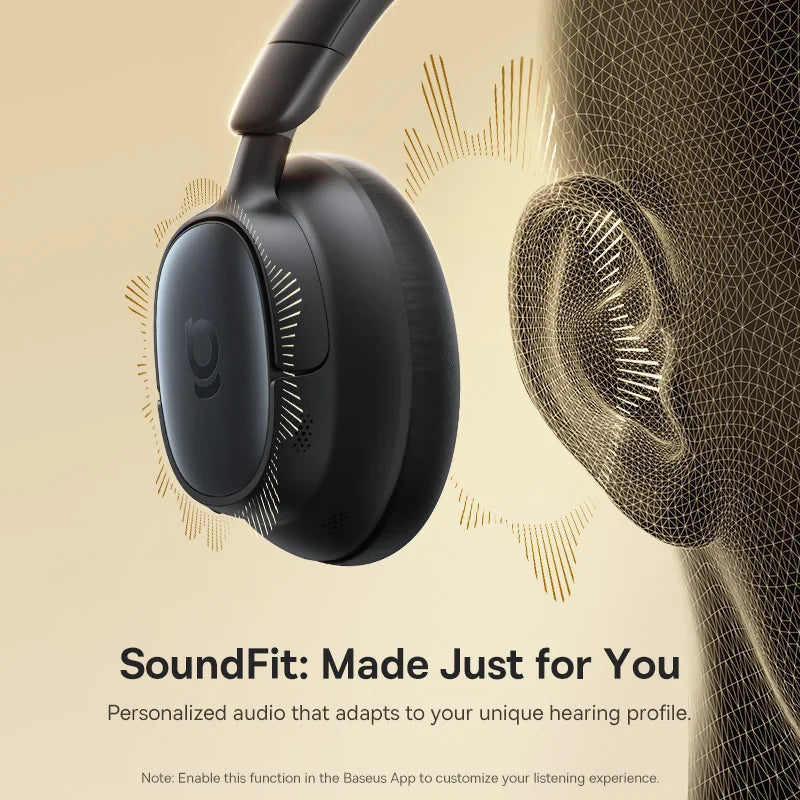 Black headphones with a focus on personalized audio technology, featuring a detailed ear model and text about SoundFit.