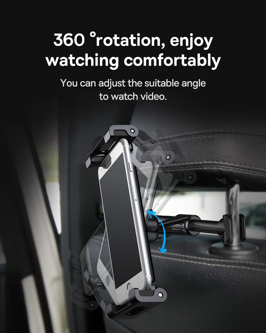 Car phone holder with 360-degree rotation feature inside a vehicle.