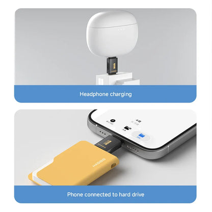 Two scenarios showing a USB device being used: one for charging headphones, the other for connecting to a phone and hard drive.