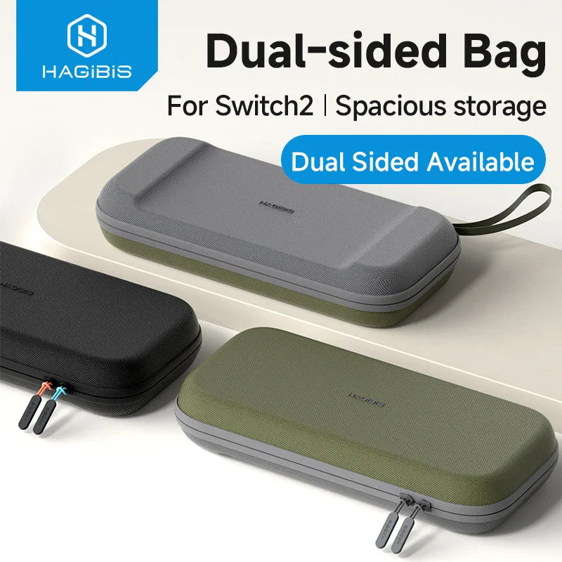 Dual-sided storage bag for Switch2 with HAGIBIS branding on a white background