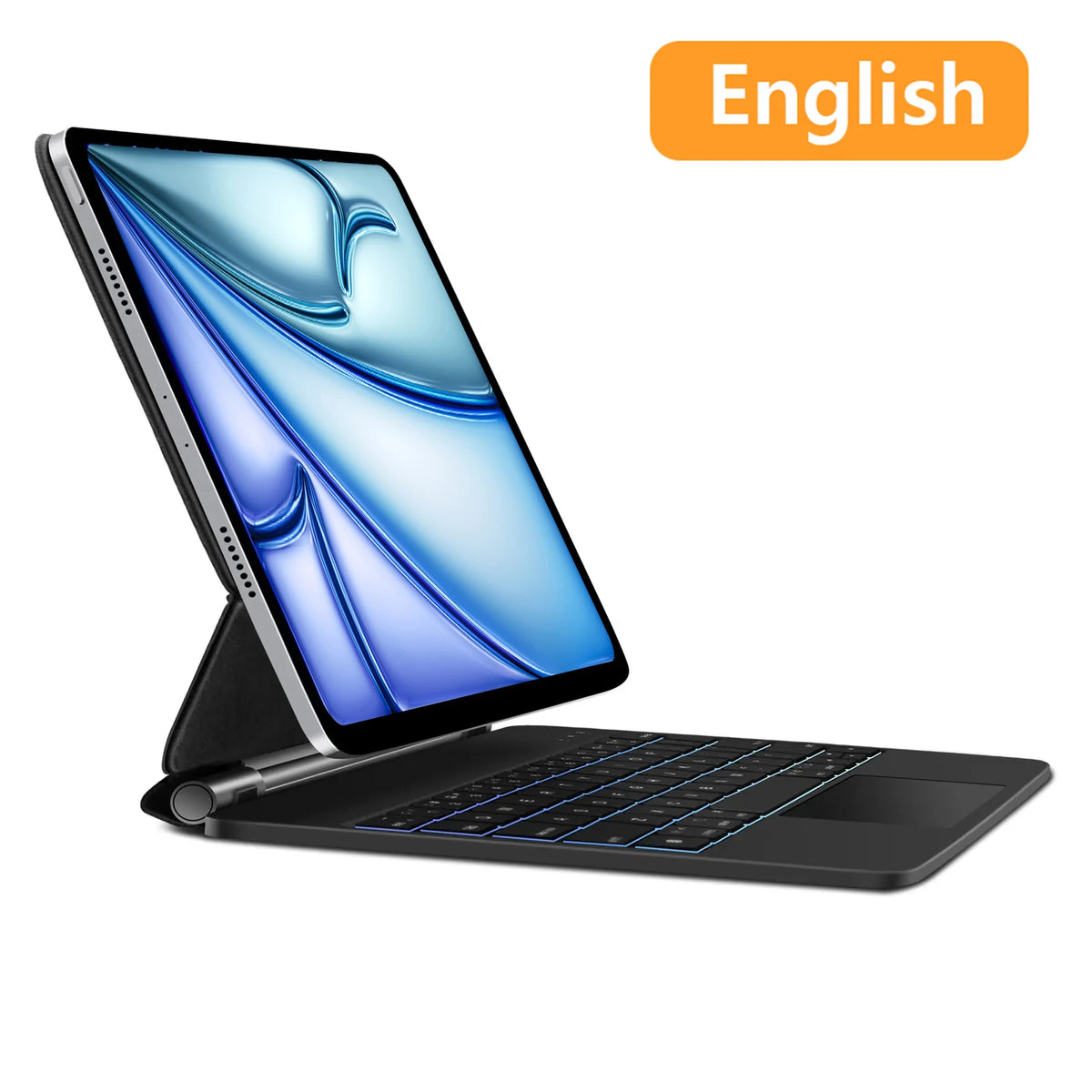 The image shows a wireless floating keyboard for iPads with a LED screen display and multiple language options highlighted. The keyboard appears to attach magnetically to an iPad and has a cantilever design for adjustable viewing angles.
