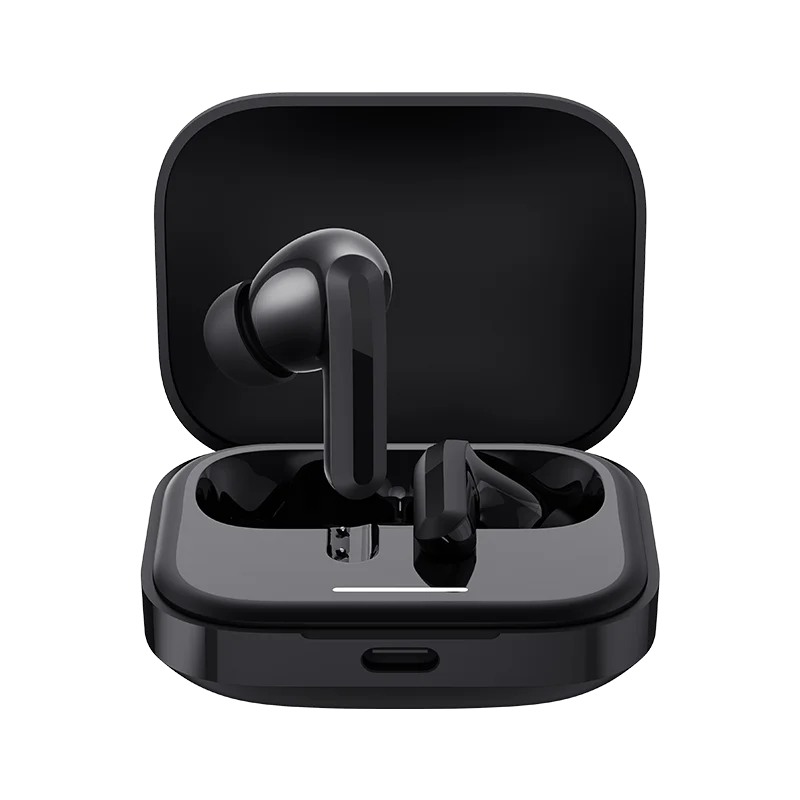 Black wireless earbuds in a charging case on a white background