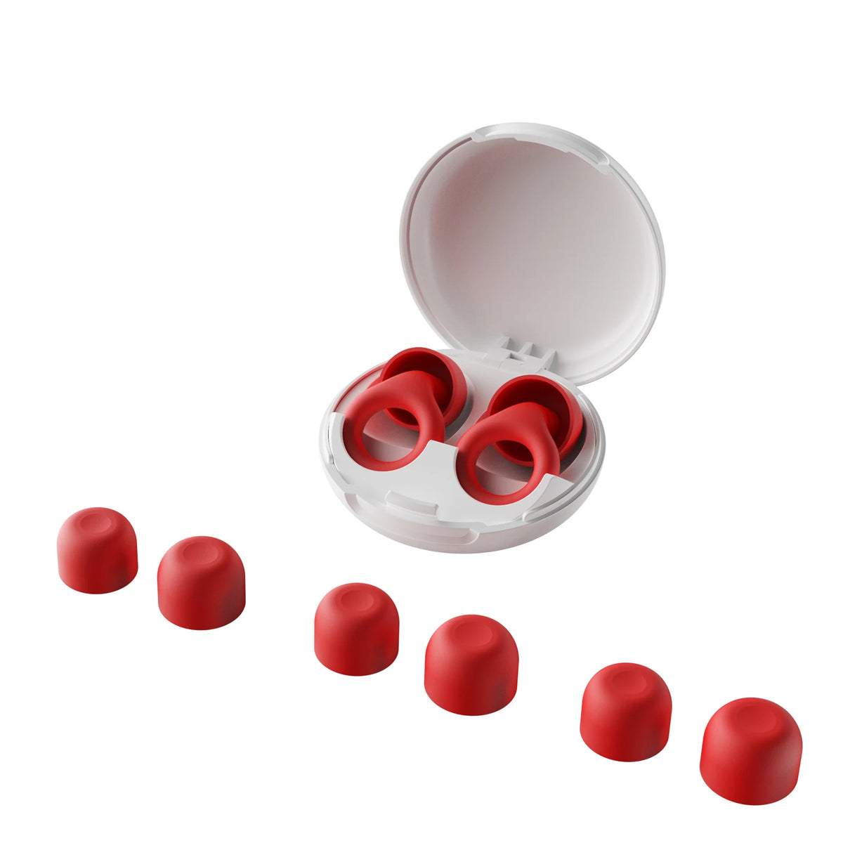 Red silicone earbud tips in a white case on a white background