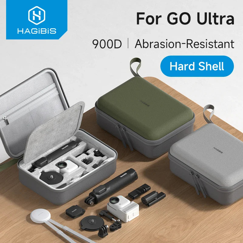 Hagibis hard shell cases for GO Ultra with accessories on a wooden surface
