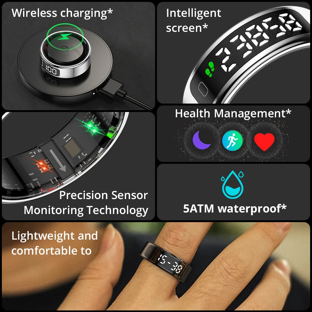 Smartwatch features including wireless charging, intelligent screen, health management, precision sensor monitoring technology, 5ATM waterproof rating, and lightweight design.