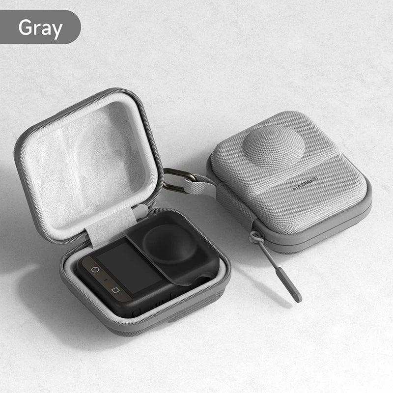 Gray carrying case with a black device inside on a light gray background