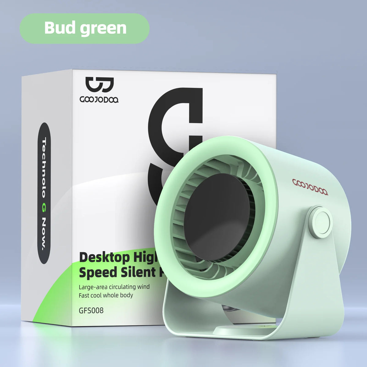 Green desk fan with COOJODAA branding and packaging on a light gray background
