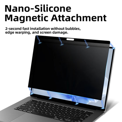 Laptop with a screen protector featuring nano-silicone magnetic attachment technology on a white background.