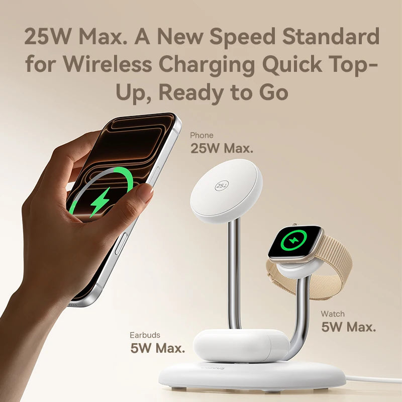 Wireless charging station with phone, watch, and earbuds on a beige background