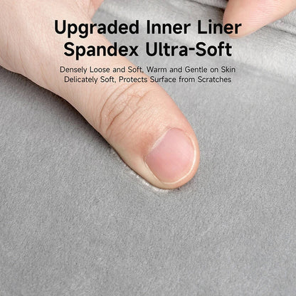 Text on a gray surface with a finger touching it, describing an upgraded inner liner spandex material.