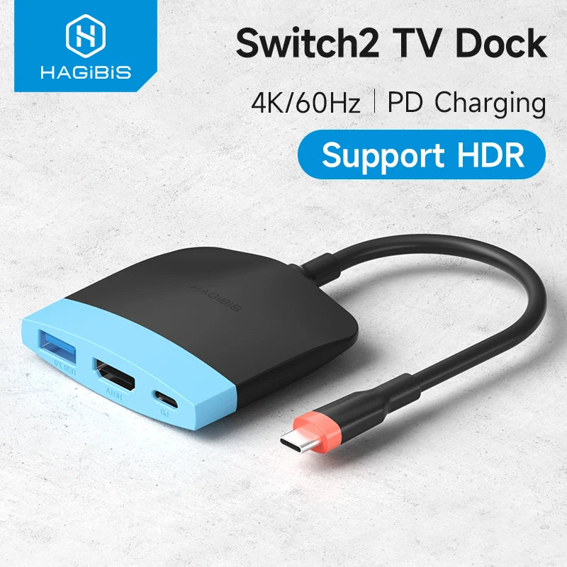 Switch2 TV Dock with blue and black design on a light gray background, featuring Hagibis branding.
