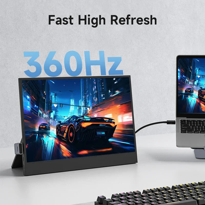 Gaming monitor with 360Hz refresh rate displaying a high-speed car race on a desk setup.