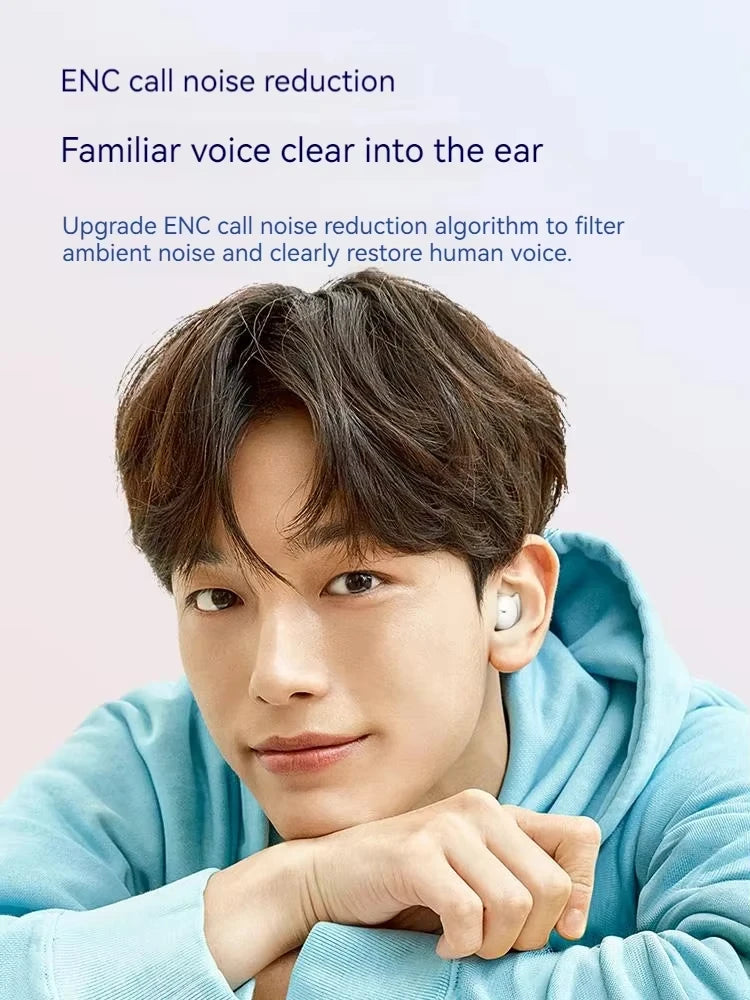 Person wearing a white earbud with text about ENC call noise reduction on a light pink background