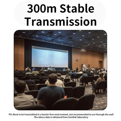 Auditorium with people attending a presentation on a large screen, with text about '300m Stable Transmission'.