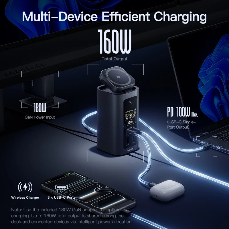 Charging station with multiple devices connected, highlighting 160W total output and 180W GaN power input.
