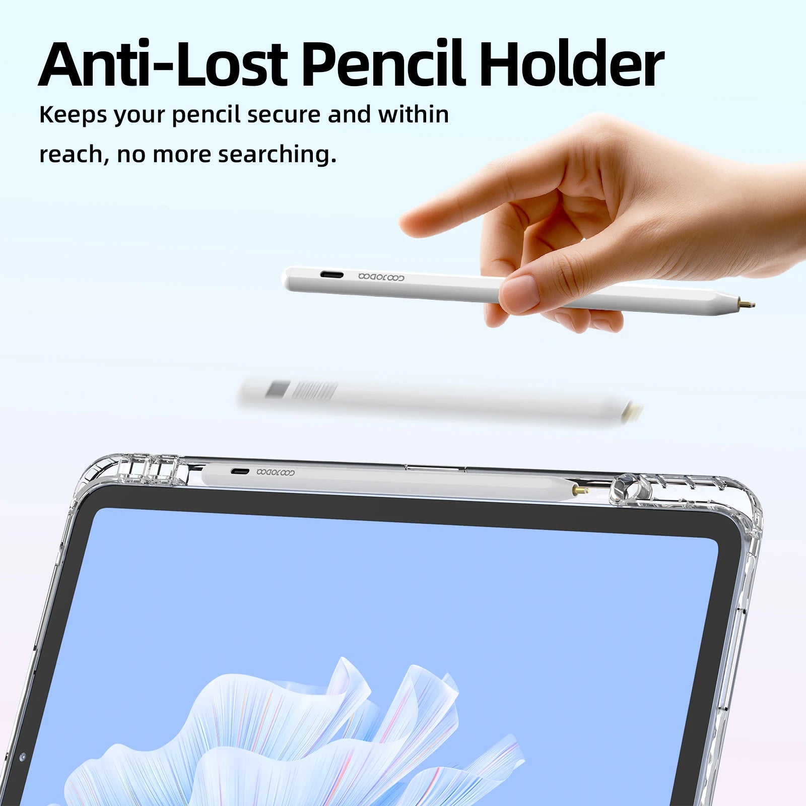 Anti-Lost Pencil Holder with a hand holding a stylus above a tablet