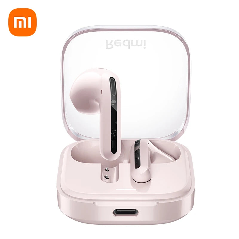 Wireless earbuds in a transparent case with Xiaomi logo on a white background