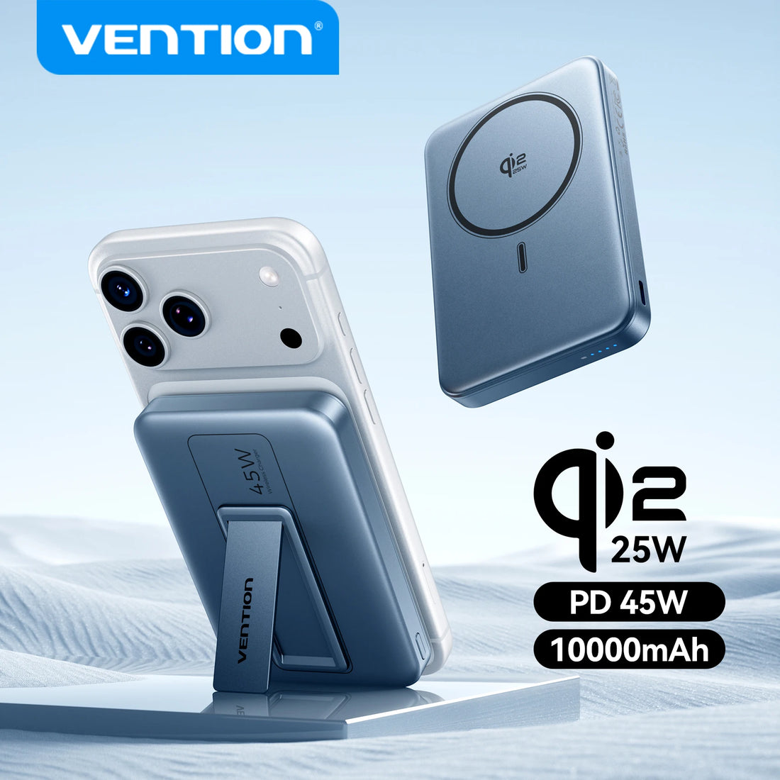 Vention phone stand and wireless charger with Q12 and PD 45W specifications on a light blue background.