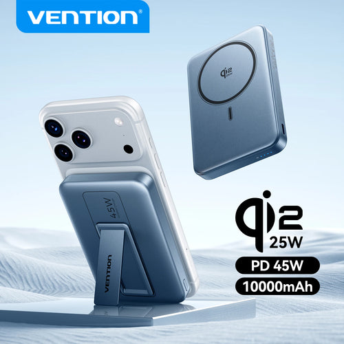Vention phone stand and wireless charger with Q12 and PD 45W specifications on a light blue background.