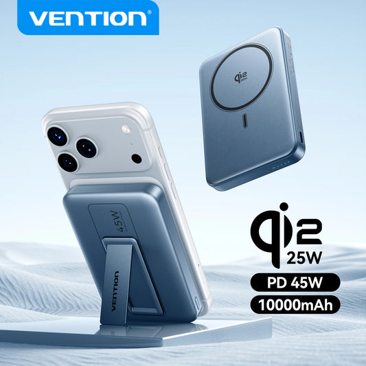 Vention phone stand and wireless charger with Q12 and PD 45W specifications on a light blue background.