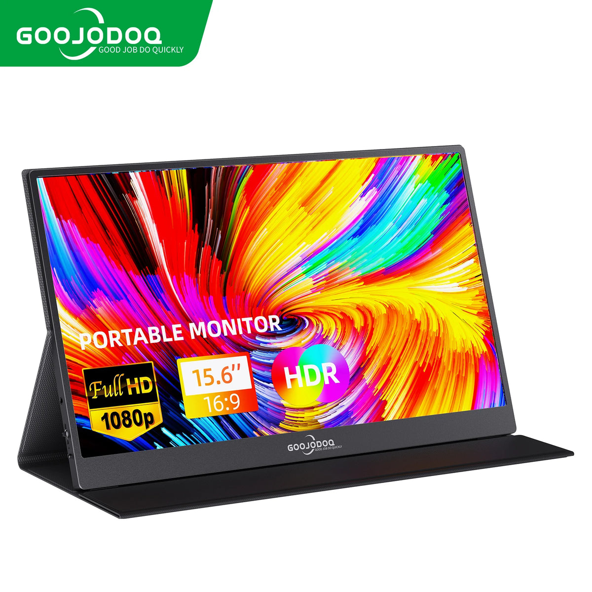 GOOJODOQ portable monitor with a 15.6 inch screen displaying colorful graphics, HDR 1920x1080 resolution, shown standing in an angle on a stand.