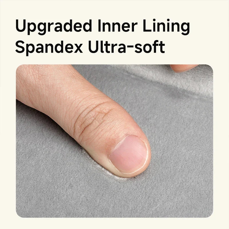 Text 'Upgraded Inner Lining Spandex Ultra-soft' above a close-up of gray spandex fabric with a finger touching it.