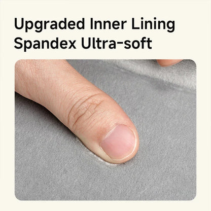 Text 'Upgraded Inner Lining Spandex Ultra-soft' above a close-up of gray spandex fabric with a finger touching it.