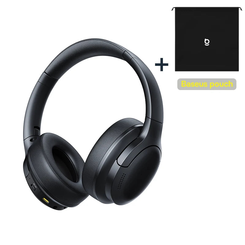 Black over-ear headphones with a black pouch on a white background