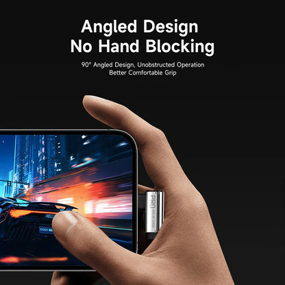 Hand holding a smartphone with an angled design, no hand blocking text on a black background