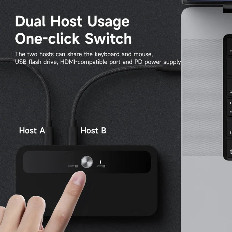 Dual host usage switch with keyboard and mouse connection on a dark background