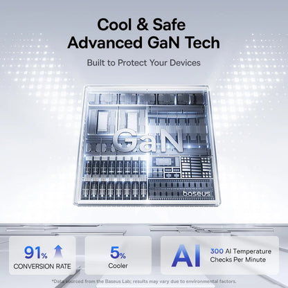 GaN technology component with text highlighting features on a light gray background