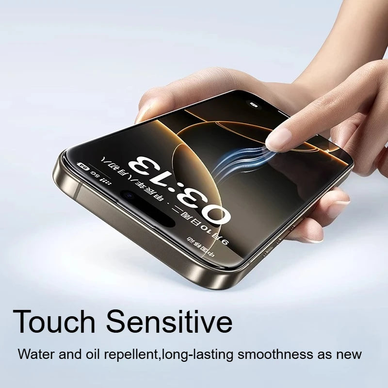 Smartphone with screen protector held by a hand, showing text about touch sensitivity and water/oil repellency.