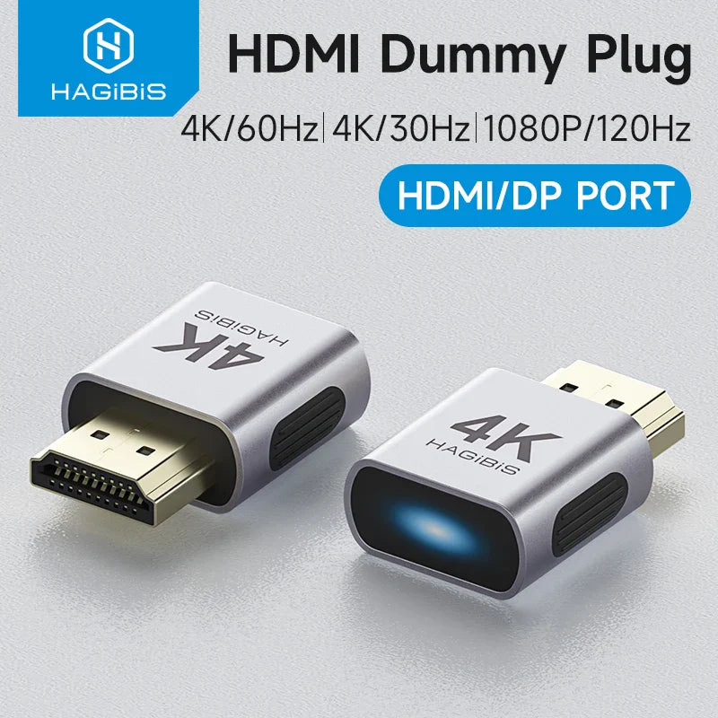 HDMI dummy plug with 4K and DP port branding on a light gray background