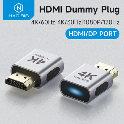 HDMI dummy plug with 4K and DP port branding on a light gray background
