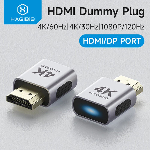 HDMI dummy plug with 4K and DP port branding on a light gray background