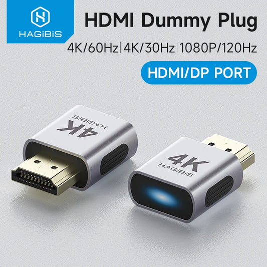 HDMI dummy plug with 4K and DP port branding on a light gray background