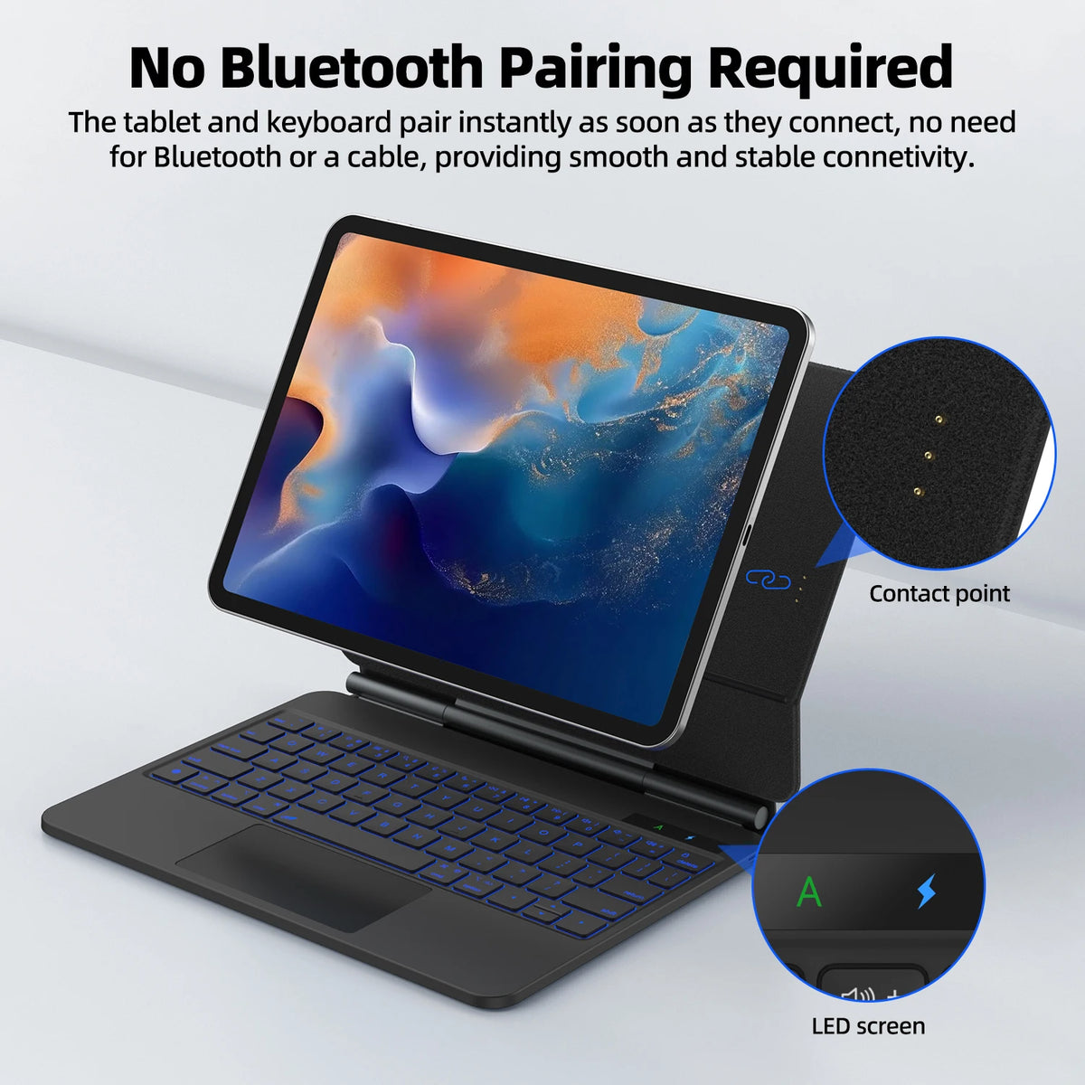 Tablet with keyboard dock on a white background, highlighting features like no Bluetooth pairing required.